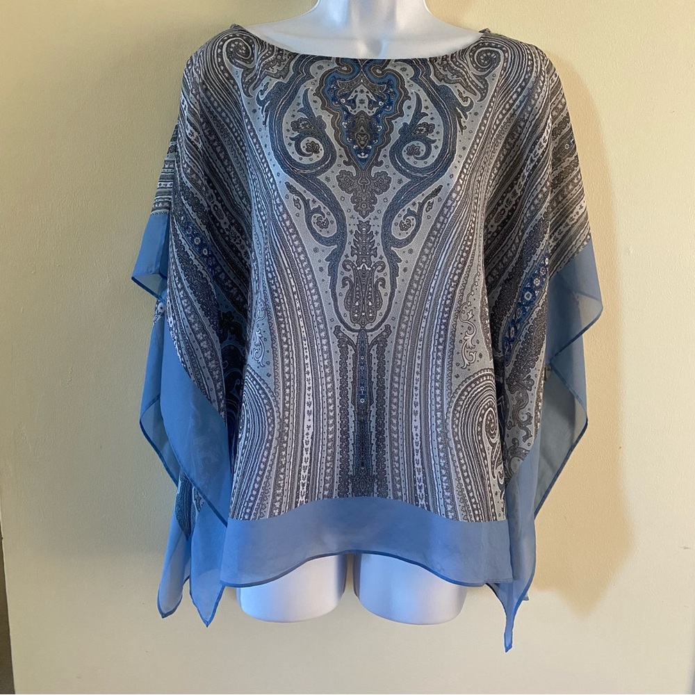 Talbots Paisley Women Sheer Blue & Gray Dolman Short Sleeve Top Sze S/M Runs Big